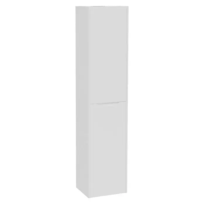 VitrA Integra Square Hochschrank - B x T x H: 40 x 37 x 180 cm, Weiß, Inklusive 4 Glaseinlegeböden, DIN Anschlag: Rechts - Weißer Hochschrank mit zwei Türen, die untere Tür mit integrierter, gebogener Griffmulde.