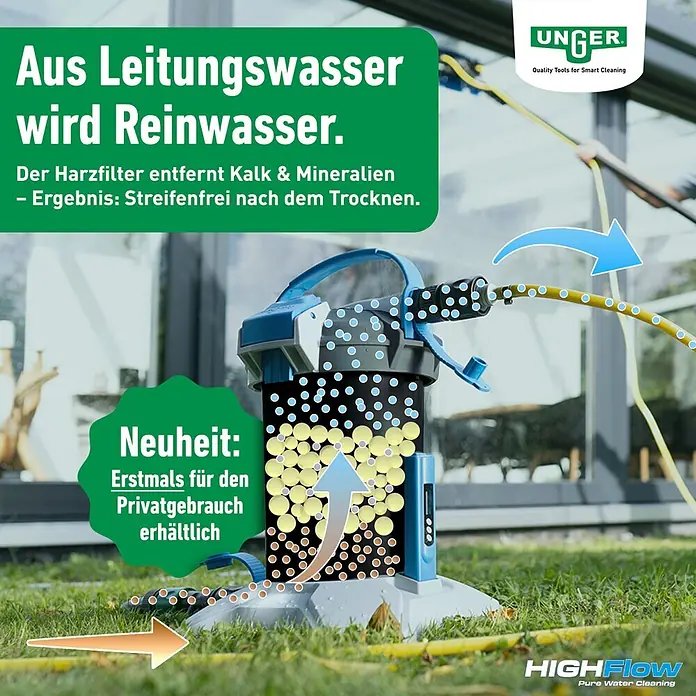 Unger HighFlow Reinigungs-Set Reinwasser 1,2m - 3 -tlg. - Unger HighFlow Wasserfilter, blau-grau, auf Gras, an Schlauch angeschlossen, reinigt Leitungswasser streifenfrei.