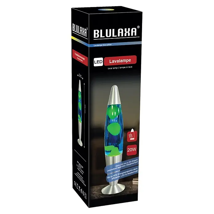 Lavalampe - 6,2 x 6,2 x 34 cm, Blau/ Gelb, LED - LED Lavalampe (20W) mit silbernen Akzenten, blauer Flüssigkeit und grünem Wachs, auf ihrer schwarzen Produktverpackung.