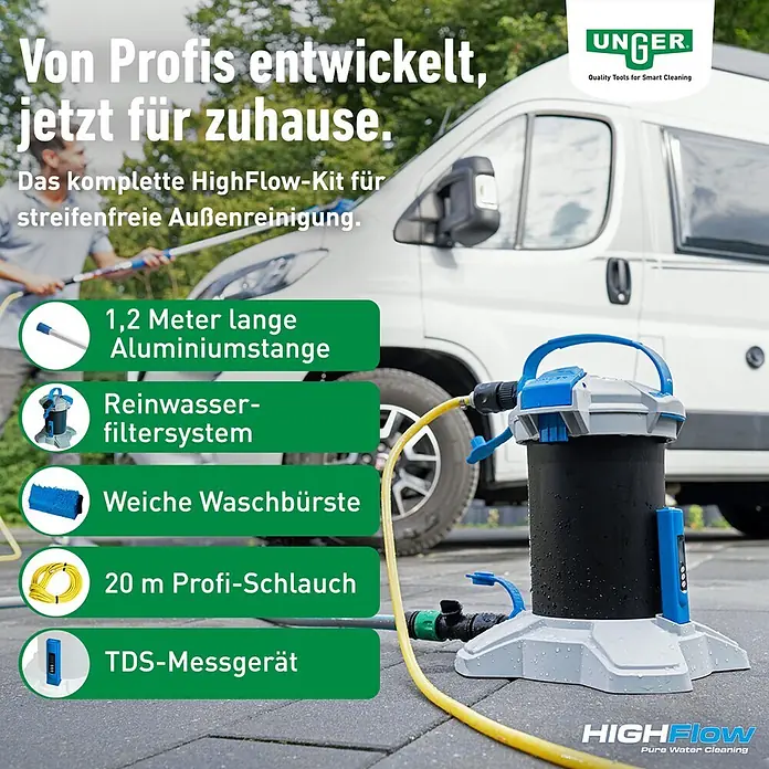 Unger HighFlow Reinigungs-Set Reinwasser 1,2m - 3 -tlg. - Unger HighFlow Reinigungsset mit Wasserfilter, gelbem Schlauch, Stange, Bürste und TDS-Messgerät, beim Reinigen eines weißen Transporters.
