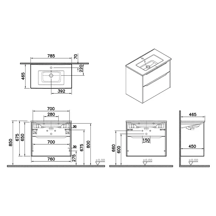 VitrA Integra Square Badmöbel-Set - Gesamtbreite Badmöbel: 80 cm, Moosgrün, Matt - Technische Zeichnung eines wandhängenden Waschbeckenunterschranks mit integriertem Waschbecken und zwei Schubladen, inklusive Maßen.