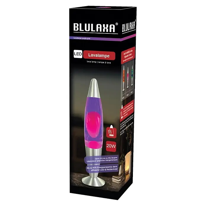 Lavalampe - 6,2 x 6,2 x 34 cm, Lila/ Pink, LED - Lila-pinke Lavalampe auf schwarzer Produktverpackung, hebt LED und Energieeffizienz hervor.