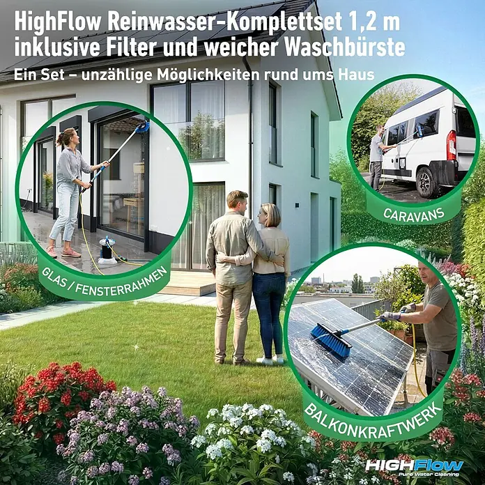 Unger HighFlow Reinigungs-Set Reinwasser 1,2m - 3 -tlg. - HighFlow Reinwasser-Komplettset (1,2m) mit weicher Bürste und Filter, gezeigt beim Reinigen von Fenstern, Wohnwagen und Solarmodulen.
