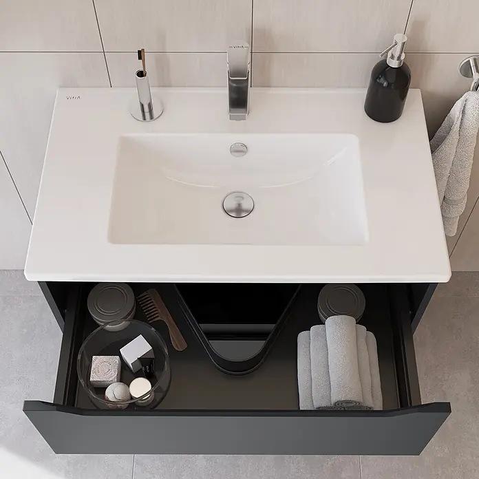 VitrA Integra Square Badmöbel-Set - Gesamtbreite Badmöbel: 80 cm, Graphit, Matt - Moderne dunkelgraue Badezimmer-Waschtischanlage mit weißem Becken und offener Schublade für Toilettenartikel.