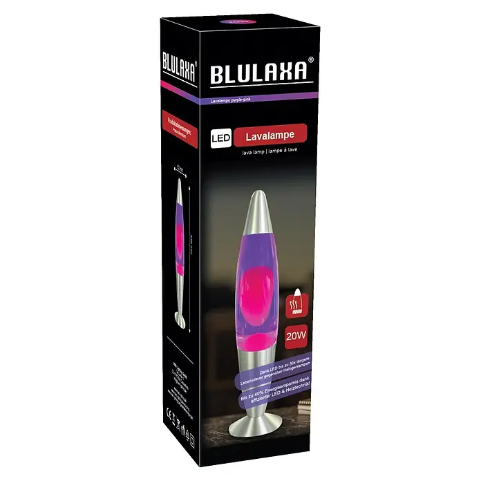 Lavalampe - 6,2 x 6,2 x 34 cm, Lila/ Pink, LED - BLULAXA lila-rosa LED Lavalampe in schwarzer Verkaufsverpackung, mit Abmessungen und Merkmalen.
