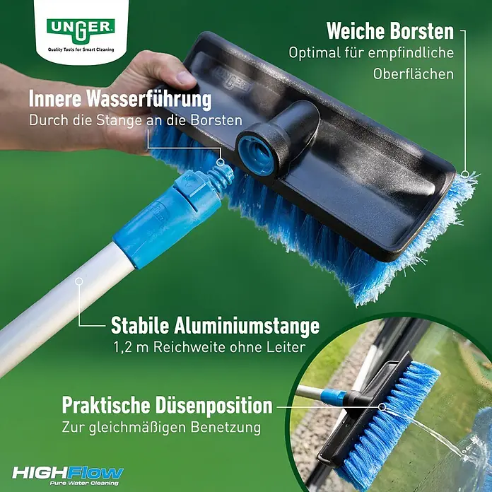 Unger HighFlow Reinigungs-Set Reinwasser 1,2m - 3 -tlg. - Unger HighFlow Reinigungsbürste mit blauen Borsten, Aluminiumstange, interner Wasserführung und praktischer Düse beim Fensterputzen.
