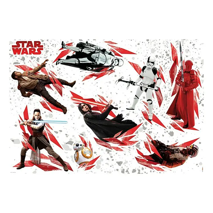 Komar Star Wars Wandtattoo Last Jedi - 100 x 70 mm - Star Wars Collage mit Rey, Kylo Ren, Stormtrooper und BB-8 auf einem dekorativen, weißen Hintergrund mit roten Akzenten.