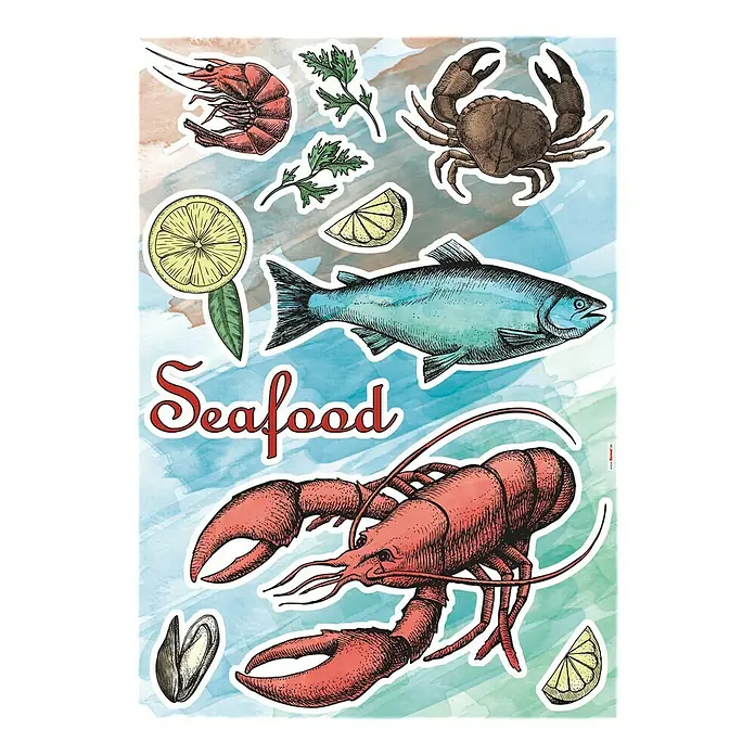 Komar Dekosticker Seafood - 11 -tlg., 70 x 50 cm - Illustration verschiedener Meeresfrüchte wie Hummer, Krabben, Garnelen und Fisch, ergänzt durch Zitronen und Kräuter auf Aquarellhintergrund.