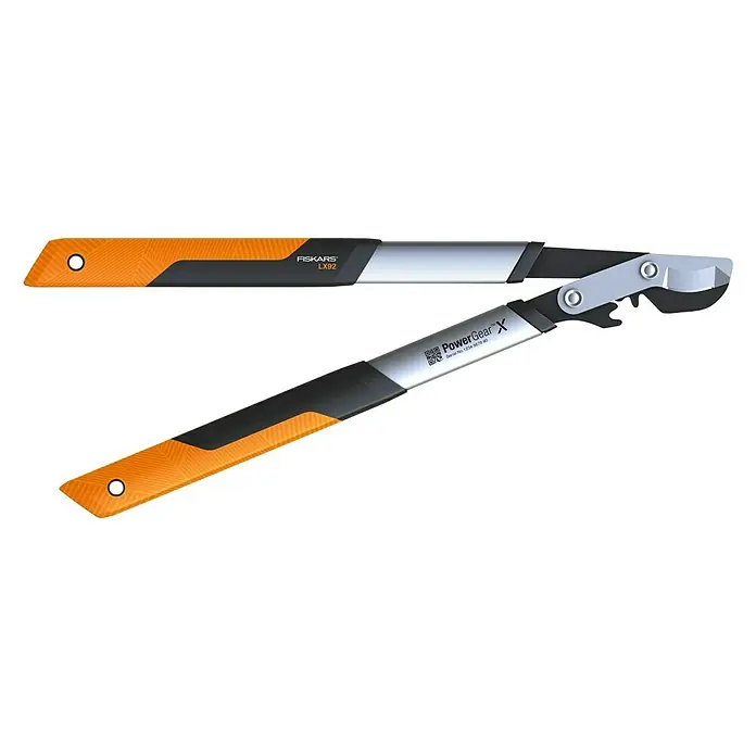 Fiskars PowerGear Astschere LX92-S - Max. Aststärke: 38 mm - Astschere von Fiskars, Modell LX92 PowerGear X, mit orangefarbenen Griffen und silberfarbenen Schneidköpfen.