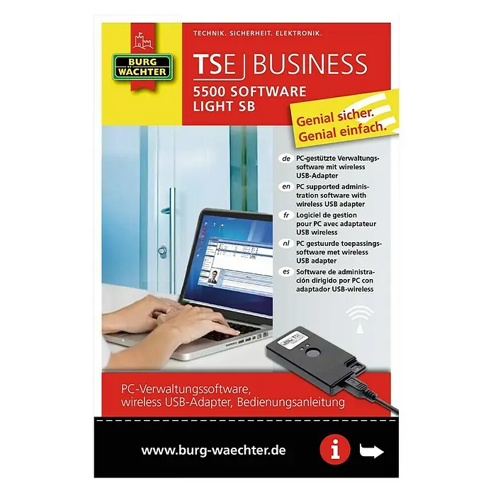 Burg-Wächter TSE-Software 5500 LIGHT - Passend für: TSE Schließsystem - Produktbild der TSE Business 5500 Software Light SB mit kabellosem USB-Adapter für PC-gestützte Verwaltungssoftware.