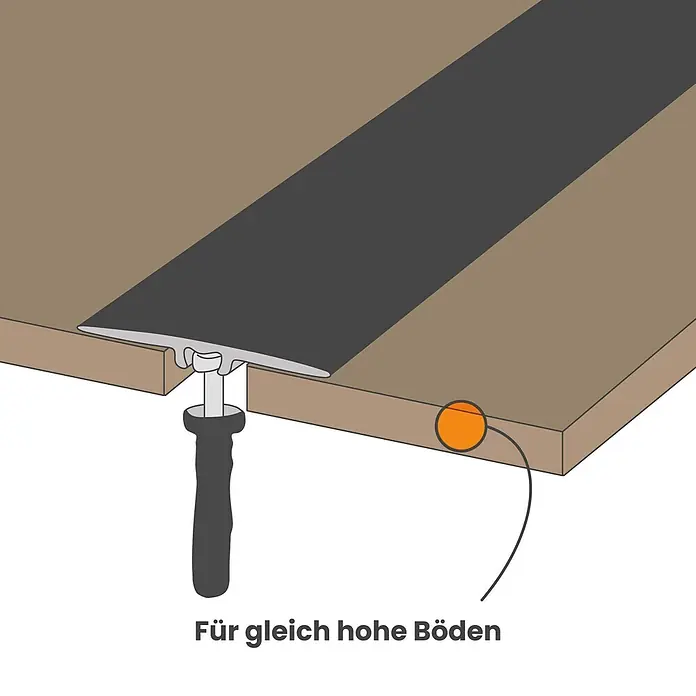 Dalsys Abschlussleiste 90cm Übergangsprofil 35mm flach inkl. Befestigung Eiche hell -  - Dunkelgraues Bodenübergangsprofil für gleich hohe Böden, mit Installationsmechanismus dargestellt.
