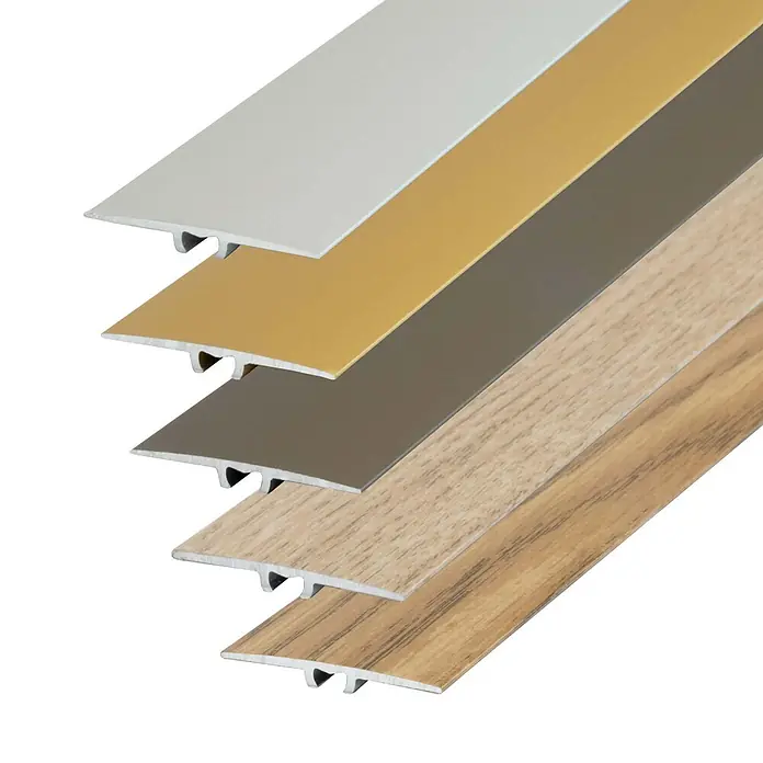 Dalsys Abschlussleiste 90cm Übergangsprofil 35mm flach inkl. Befestigung Eiche hell -  - Fünf Aluminium-Bodenübergangsprofile mit T-Profil in verschiedenen Oberflächen: Silber, Gold, Grau, helles und dunkles Holz.