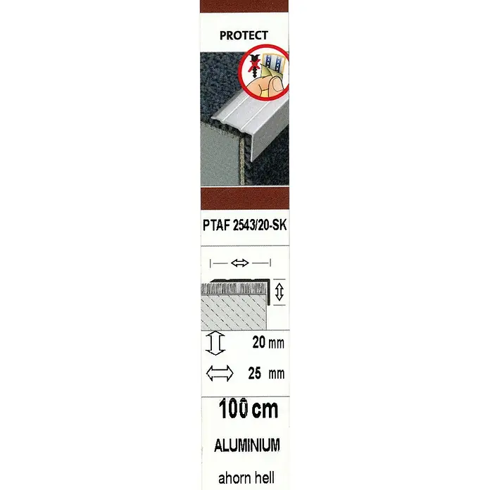 Dalsys Abschlussleiste 100cm Treppenprofil selbstklebend, Kantenschutz Alu Furnier Ahorn -  - Aluminium Schutzprofil, ahorn hell, 100cm. Für Bodenkanten bis 20mm Höhe, 25mm Breite.