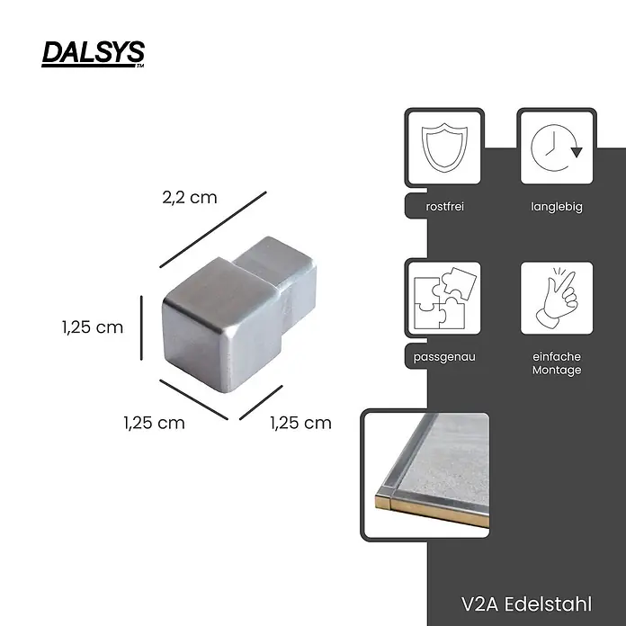 Dalsys Quadroprofil 5x Endstück 12,5mm Quadratprofil Edelstahl Gebürstet - Edelstahl, Silber - Silberfarbener V2A Edelstahl Eckverbinder für Fliesenprofile mit Maßen 2,2 x 1,25 x 1,25 cm, rostfrei und langlebig.