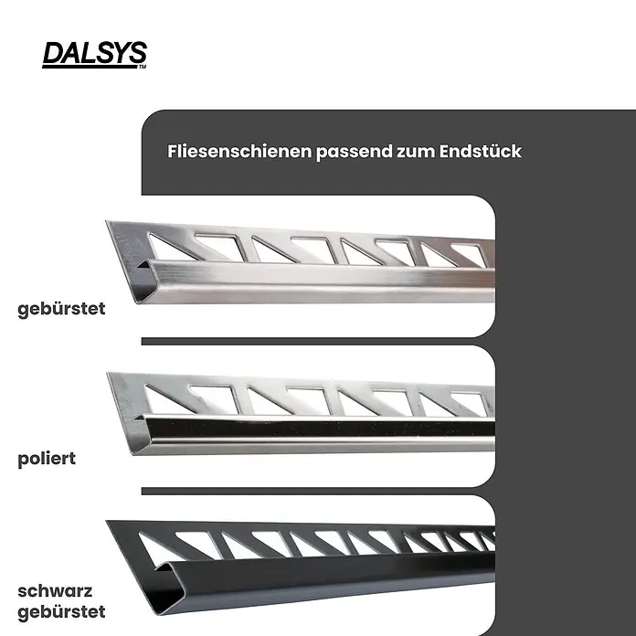 Dalsys Quadroprofil 12,5mm Endstück Quadratprofil Edelstahl Poliert - Edelstahl, Silber - Drei DALSYS Fliesenprofile aus Metall: gebürstet, poliert und schwarz gebürstet, passend für Fliesenabschlüsse.