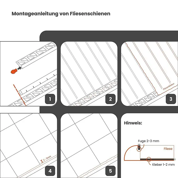 Dalsys Viertelkreis-Profil 12,5mm Außeneck Fliesenschiene Aluminium Schwarz - Aluminium, Schwarz - Montageanleitung für Fliesenschienen, zeigt Zuschneiden, Kleberauftrag, Platzierung und Verlegung von Fliesen mit Fugenabstand.