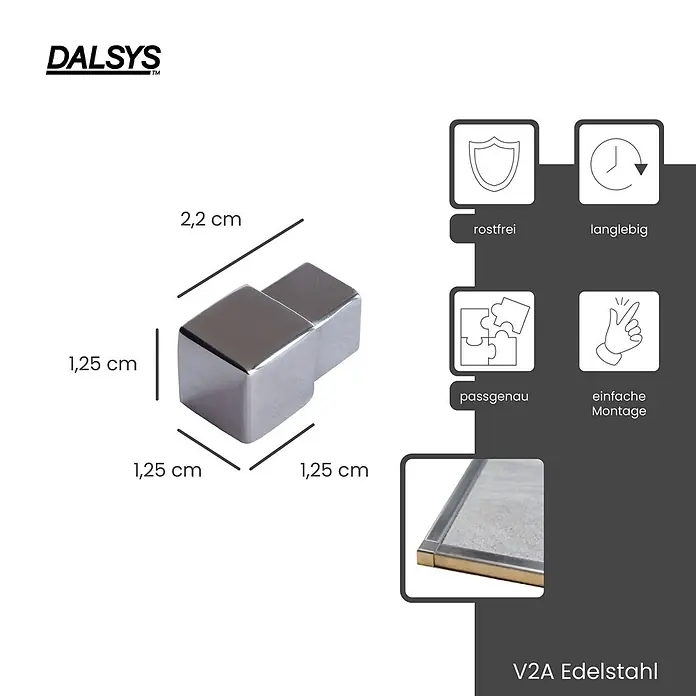 Dalsys Quadroprofil 12,5mm Endstück Quadratprofil Edelstahl Poliert - Edelstahl, Silber - L-förmiger V2A Edelstahl Verbinder, 2,2 x 1,25 x 1,25 cm, rostfrei, langlebig, passgenau und einfache Montage.