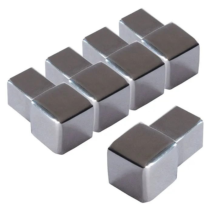 Dalsys Quadroprofil 5x Endstück 10mm Quadratprofil Edelstahl Poliert - Edelstahl, Silber - Acht glänzende silberne rechteckige Blöcke mit abgerundeten Kanten, wahrscheinlich Magnete.