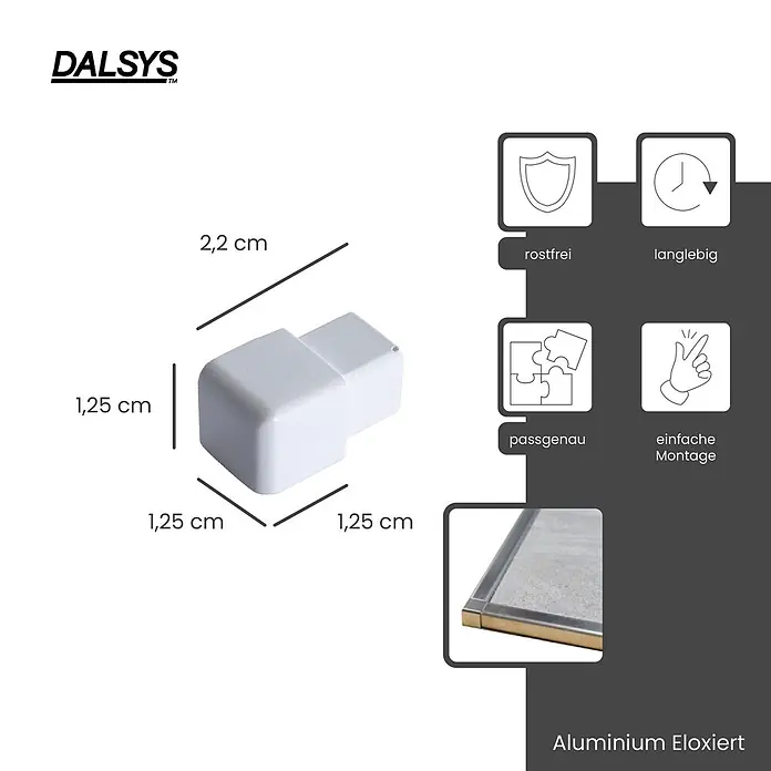Dalsys Quadroprofil 5x Endstück 12,5mm Quadratprofil Alu Weiß, eloxiert - Aluminium, Weiß, 1,2 cm - Weißer Eckverbinder mit den Maßen 2,2 x 1,25 x 1,25 cm, für eloxierte Aluminiumprofile.