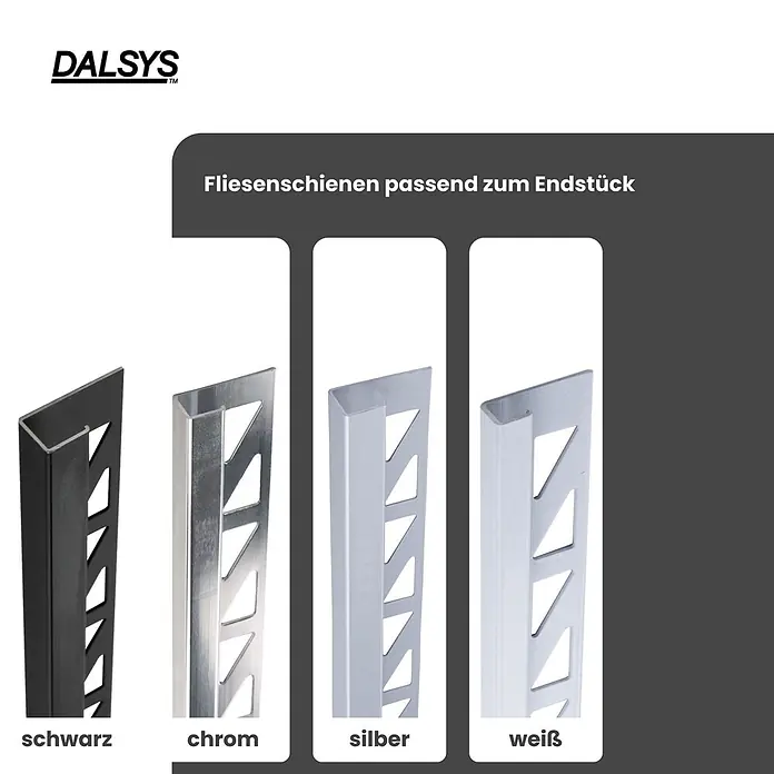 Dalsys Quadroprofil 8mm Endstück Quadratprofil Alu Silber matt, eloxiert - Aluminium, Silber, 0,8 cm - Vier DALSYS Fliesenschienen in Schwarz, Chrom, Silber und Weiß, passend zum Endstück.