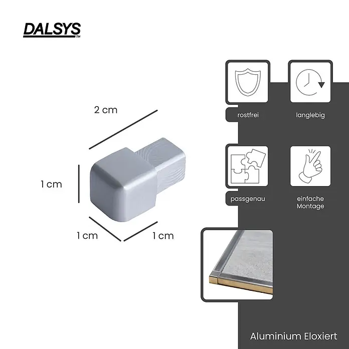 Dalsys Quadroprofil 10mm Endstück Quadratprofil Alu Silber matt, eloxiert - Aluminium, Silber, 1 cm - Silbergrauer Eckverbinder aus eloxiertem Aluminium, 2x1x1 cm, für Profilsysteme.