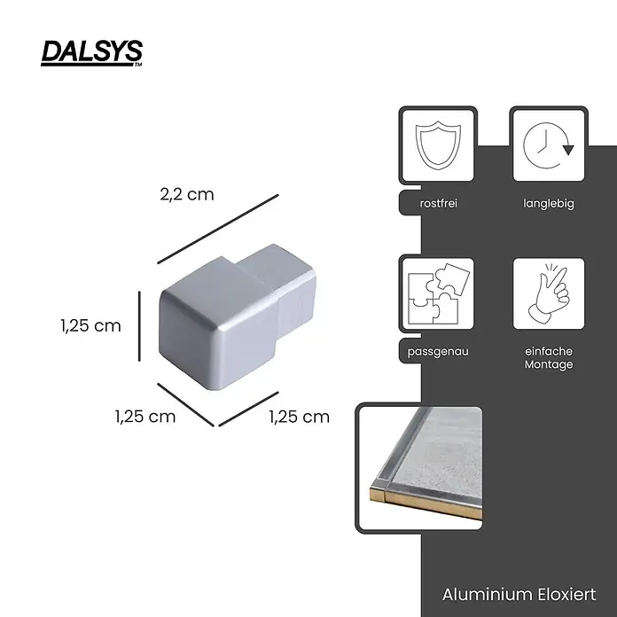 Dalsys Quadroprofil 5x Endstück 12,5mm Quadratprofil Alu Silber matt, eloxiert - Aluminium, Silber, 1,2 cm - Silbernes, eloxiertes Aluminium-Eckstück, 2,2 x 1,25 cm, für Profile.