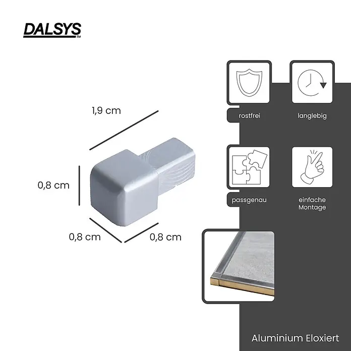Dalsys Quadroprofil 8mm Endstück Quadratprofil Alu Silber matt, eloxiert - Aluminium, Silber, 0,8 cm - Eloxiertes Aluminium-Eckverbindungsstück, 1,9 x 0,8 x 0,8 cm, rostfrei, langlebig und passgenau für einfache Montage.