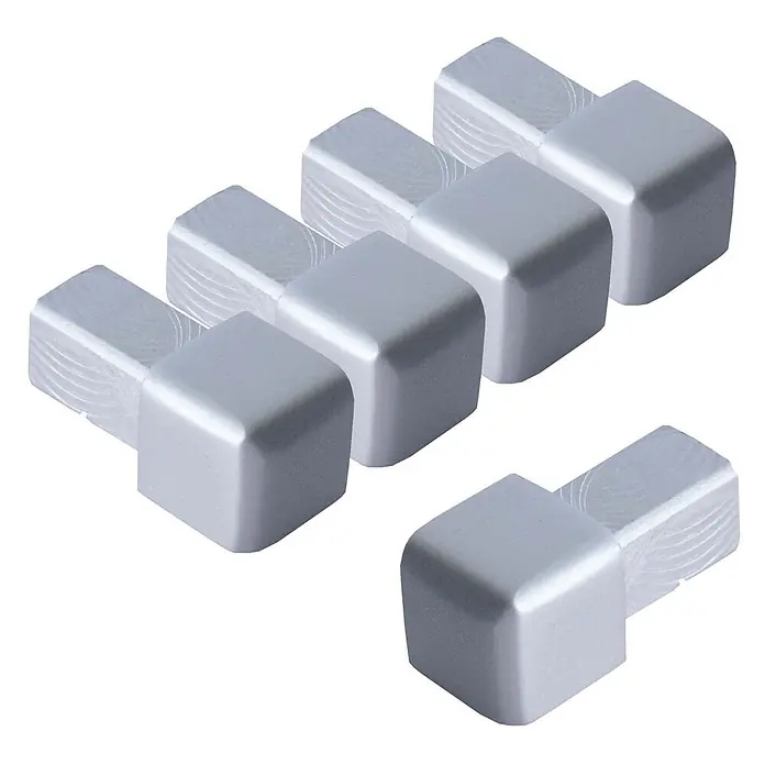 Dalsys Quadroprofil 5x Endstück 8mm Quadratprofil Alu Silber matt, eloxiert - Aluminium, Silber, 0,8 cm - Sechs silberne Eckschützer mit abgerundeten Kanten und strukturierten Basen.