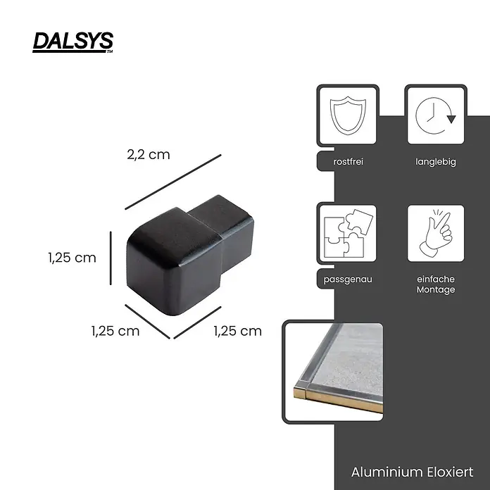 Dalsys Quadroprofil 5x Endstück 12,5mm Quadratprofil Alu Schwarz, eloxiert - Aluminium, Schwarz - Schwarzer L-förmiger Eckverbinder aus eloxiertem Aluminium, 2,2 x 1,25 x 1,25 cm.