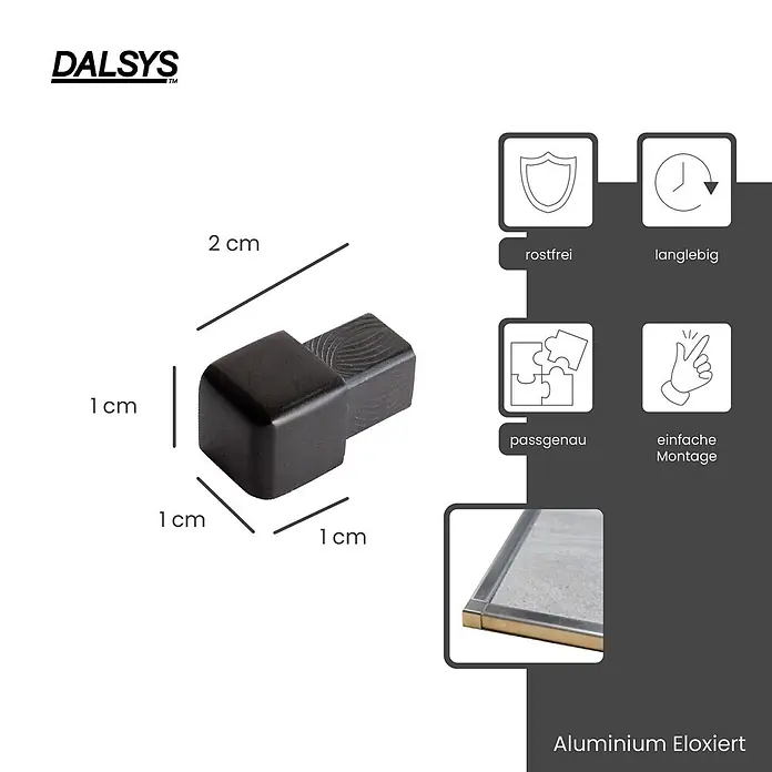 Dalsys Quadroprofil 5x Endstück 10mm Quadratprofil Alu Schwarz, eloxiert - Aluminium, Schwarz, 1 cm - Schwarzer eloxierter Aluminium-Eckverbinder in L-Form, 2x1x1 cm, für Rahmen.