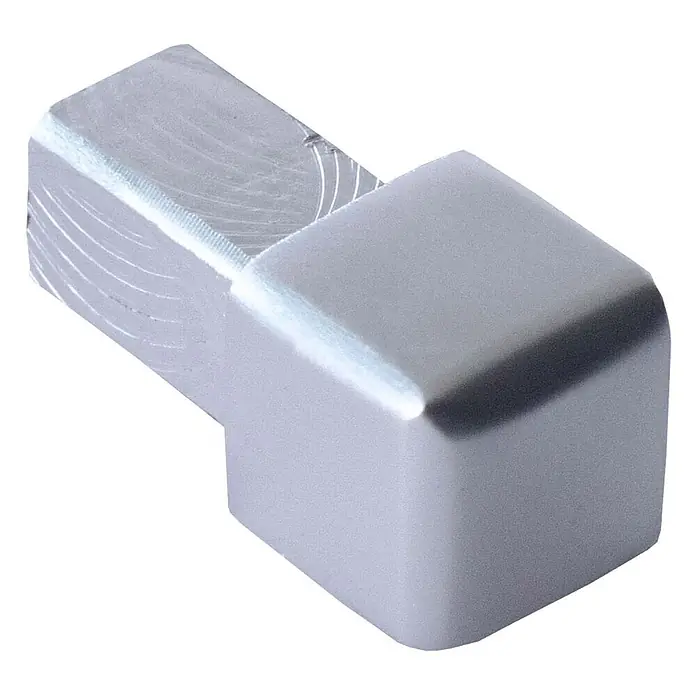 Dalsys Quadroprofil 8mm Endstück Quadratprofil Alu Chrom glänzend, eloxiert - Aluminium, Silber, 0,8 cm - Silbernes L-förmiges Metalleckstück, ein Teil gebürstet, der andere glatt und abgerundet.