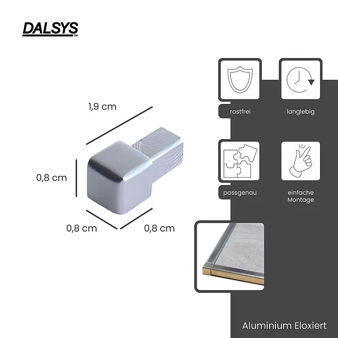 Dalsys Quadroprofil 8mm Endstück Quadratprofil Alu Chrom glänzend, eloxiert - Aluminium, Silber, 0,8 cm - Silberner eloxierter Aluminium-Eckverbinder (1,9x0,8 cm) für Profile.