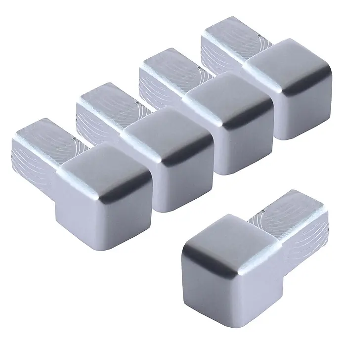 Dalsys Quadroprofil 5x Endstück 8mm Quadratprofil Alu Chrom glänzend, eloxiert - Aluminium, Silber, 0,8 cm - Sechs silberne L-förmige Eckverbinder aus Metall mit strukturierten Enden.