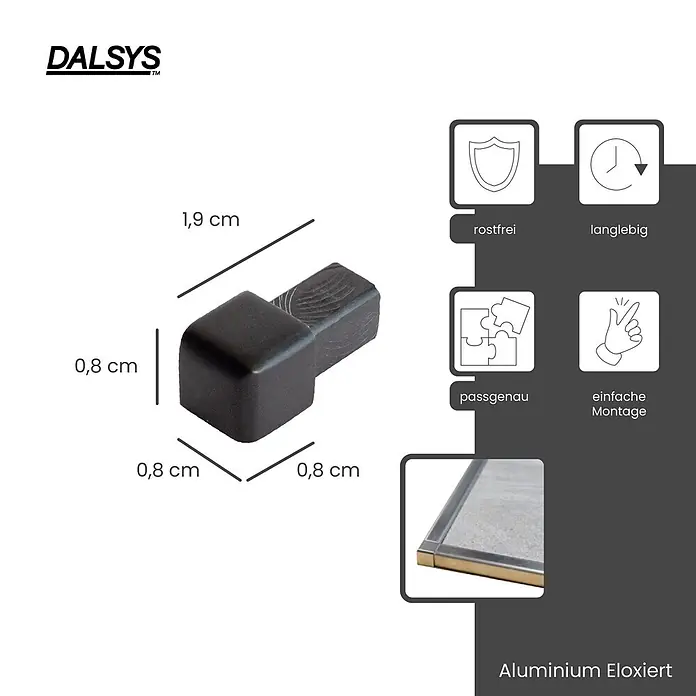 Dalsys Quadroprofil 5x Endstück 8mm Quadratprofil Alu Schwarz, eloxiert - Aluminium, Schwarz - Schwarzer eloxierter Aluminium-Eckverbinder, 0,8x0,8x1,9 cm.