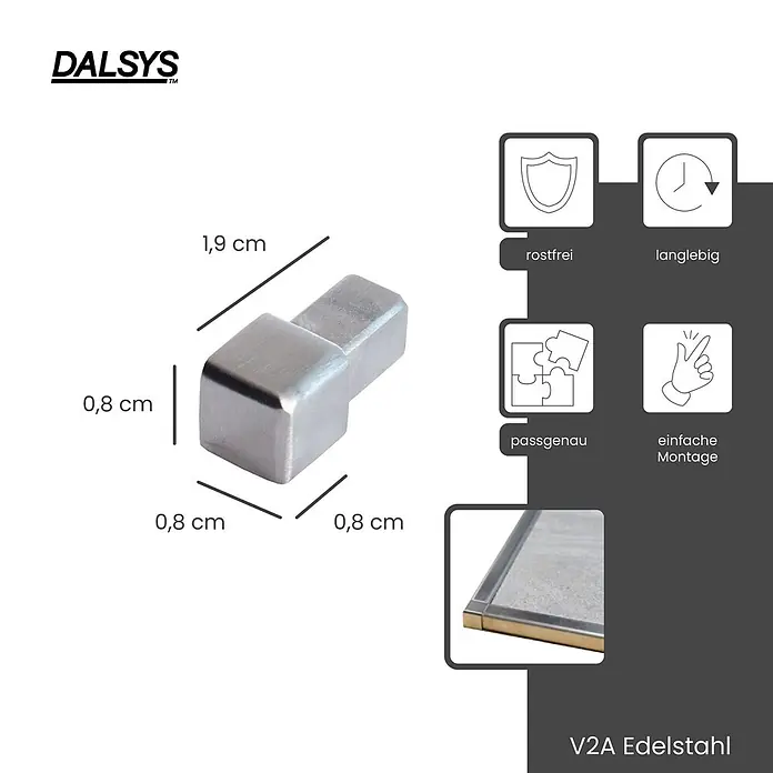 Dalsys Quadroprofil 5x Endstück 8mm Quadratprofil Edelstahl Gebürstet - Edelstahl, Silber - V2A Edelstahl L-Verbinder, ca. 1,9x0,8x0,8 cm.