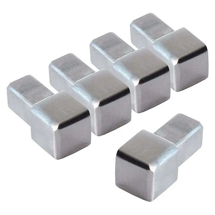 Dalsys Quadroprofil 5x Endstück 8mm Quadratprofil Edelstahl Gebürstet - Edelstahl, Silber - Sechs gebürstete Edelstahl-Kühlwürfel, würfelförmig mit einer rechteckigen Verlängerung.