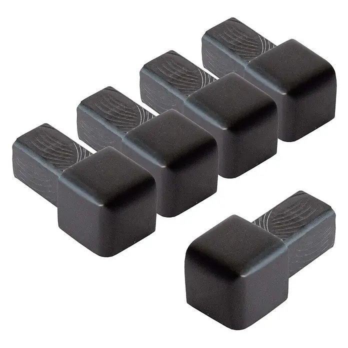 Dalsys Quadroprofil 5x Endstück 8mm Quadratprofil Alu Schwarz, eloxiert - Aluminium, Schwarz - Acht schwarze L-förmige Möbelfußkappen.
