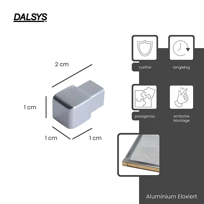 Dalsys Quadroprofil 10mm Endstück Quadratprofil Alu Chrom glänzend - Aluminium, Silber, 1 cm - Silber eloxierter Aluminium-Eckverbinder (2x1x1 cm) für Profilsysteme. Rostfrei, langlebig, passgenau und einfache Montage.