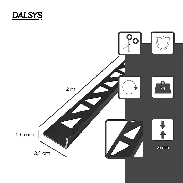 Dalsys Fliesenprofil 2m Fliesenschiene 12,5mm Winkelprofil Aluminium Silber - Aluminium, Schwarz - Schwarzes Fliesenwinkelprofil aus Metall, 2m lang, 12,5mm hoch, 0,8mm dick. Schneidbar und schützend.