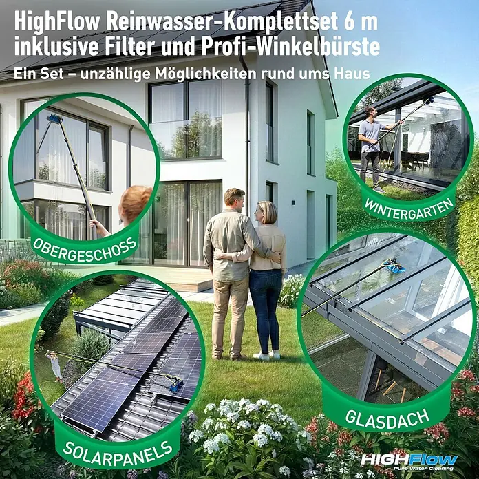 Unger HighFlow Reinigungs-Set Reinwasser 6m - 4 -tlg. - HighFlow Reinwasser-Reinigungssystem mit Teleskopstange und Bürste, reinigt Fenster, Solarpaneele und Glasdächer eines Hauses.
