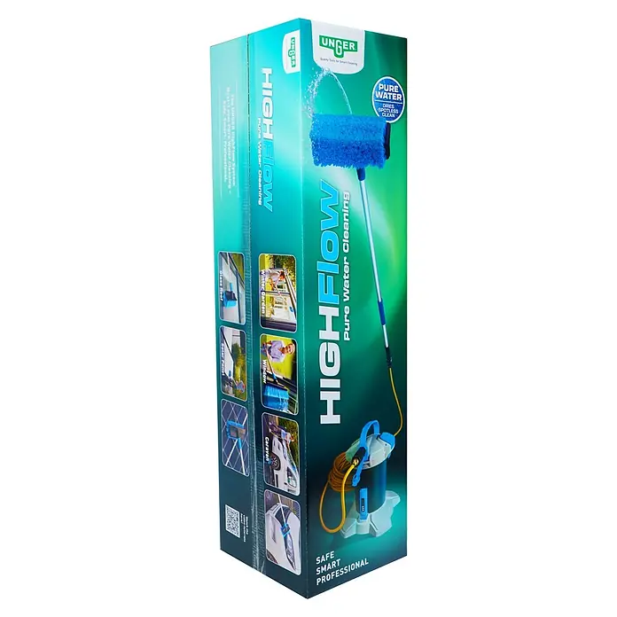 Unger HighFlow Reinigungs-Set Reinwasser 1,2m - 3 -tlg. - Verpackung des UNGER HighFlow Reinwassersystems. Zeigt blaue wasserführende Bürste, Reinigungseinheit und Anwendungen wie Glasdächer, Fenster, Wohnwagen.