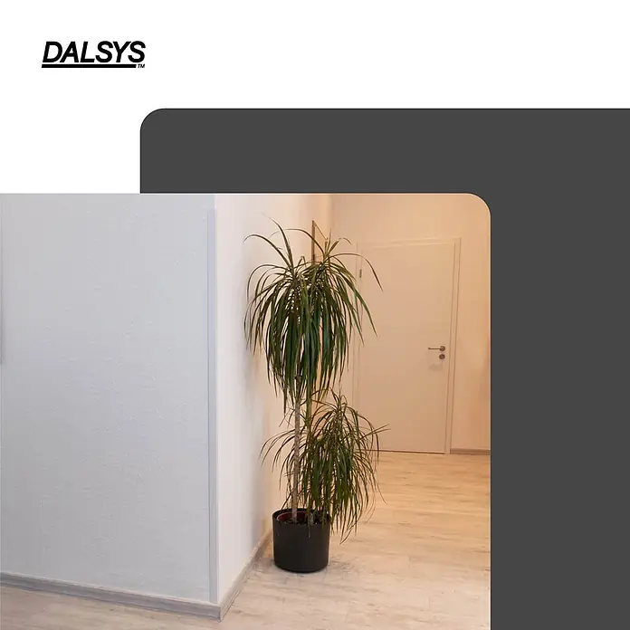 Dalsys Winkelleiste 150cm Winkelprofil selbstklebend 30 x 30mm Eckwinkel PVC Weiß -  - Graues Eckprofil an einer weißen Innenwand.
