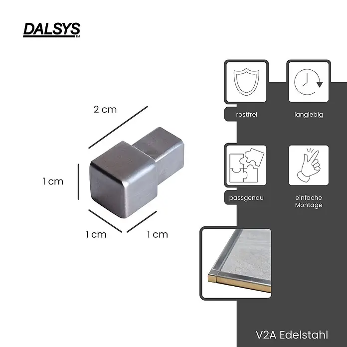 Dalsys Quadroprofil 10mm Endstück Quadratprofil Edelstahl Gebürstet - Edelstahl, Silber, 1 cm - Ein 2 cm langer gestufter Verbinder aus V2A Edelstahl, rostfrei, langlebig und passgenau.