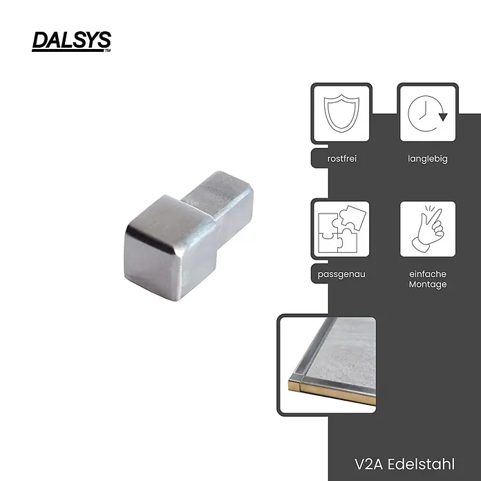 Dalsys Quadroprofil 8mm Endstück Quadratprofil Edelstahl Gebürstet - Edelstahl, Silber - Eckstück aus gebürstetem V2A Edelstahl für Fliesenprofile.