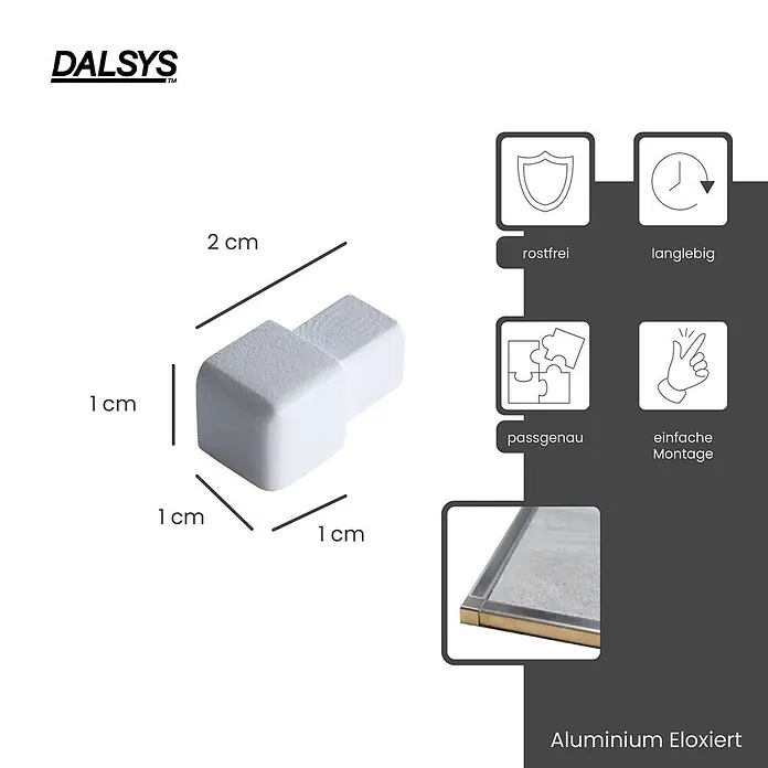 Dalsys Quadroprofil 10mm Endstück Quadratprofil Alu Weiß, eloxiert - Aluminium, Weiß, 1 cm - Weißer 2x1x1 cm eloxierter Aluminium L-Eckverbinder für Profile. Rostfrei, langlebig, passgenau und einfach zu montieren.