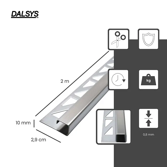 Dalsys Quadroprofil 2m Fliesenschiene 10mm Eckprofil Quadrat Edelstahl Poliert - Edelstahl, Silber, 1 cm - Silbernes gebürstetes Metallfliesenprofil (2m x 10mm x 0,8mm) für dauerhaften Fliesenkantenschutz und einfache Installation.