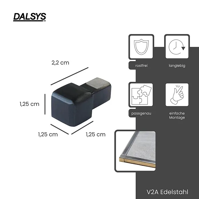 Dalsys Quadroprofil 12,5mm Endstück Quadratprofil Edelstahl Schwarz gebürstet - Edelstahl, Schwarz - Dunkles V2A Edelstahl Eckverbindungsstück für Profile, Maße 2,2x1,25 cm.