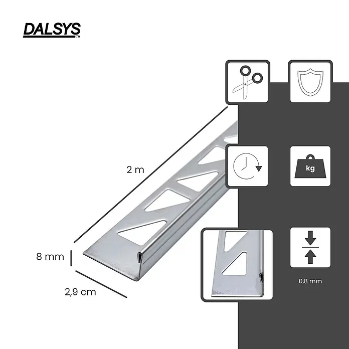 Dalsys Fliesenprofil 2m L-Profil Fliesenschiene 8mm Winkelprofil Edelstahl Poliert - Edelstahl, Silber - Silbernes Metallfliesenprofil, 2m lang, 8mm hoch, 2,9cm breit, 0,8mm dick, mit dreieckigen Perforationen für Fliesen.