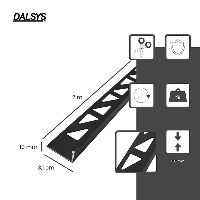 Dalsys Fliesenprofil 2m Fliesenschiene 10mm Winkelprofil Aluminium Silber - Aluminium, Schwarz - Schwarzes Metallfliesenprofil, 2m lang, 10mm hoch, 3,1cm breit, mit dreieckigen Aussparungen für Kantenschutz.