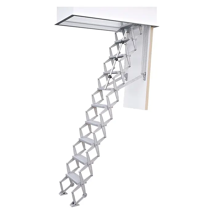 Roto Bodentreppe Scherentreppe Exklusiv 250cm max. Lichte Raumhöhe 120x60cm Rohbaumaß -  - Silberne Metall-Bodentreppe, ausgefahren für den Deckenaufstieg, mit Scherenmechanismus und Stufen.